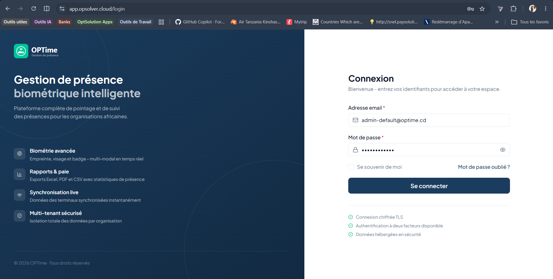 Page de connexion OPTime